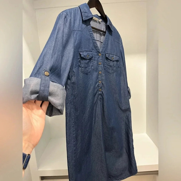 Westport 1962 Chambray Denim Blue Dress Long Sleeve Quarter Button Medium - Picture 7 of 9